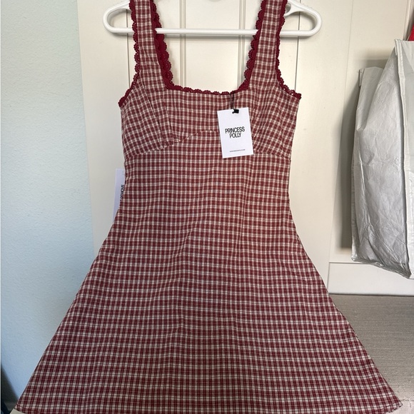 Princess Polly Burgundy and White Checked Square-Neck Mini Dress - Picture 2 of 3